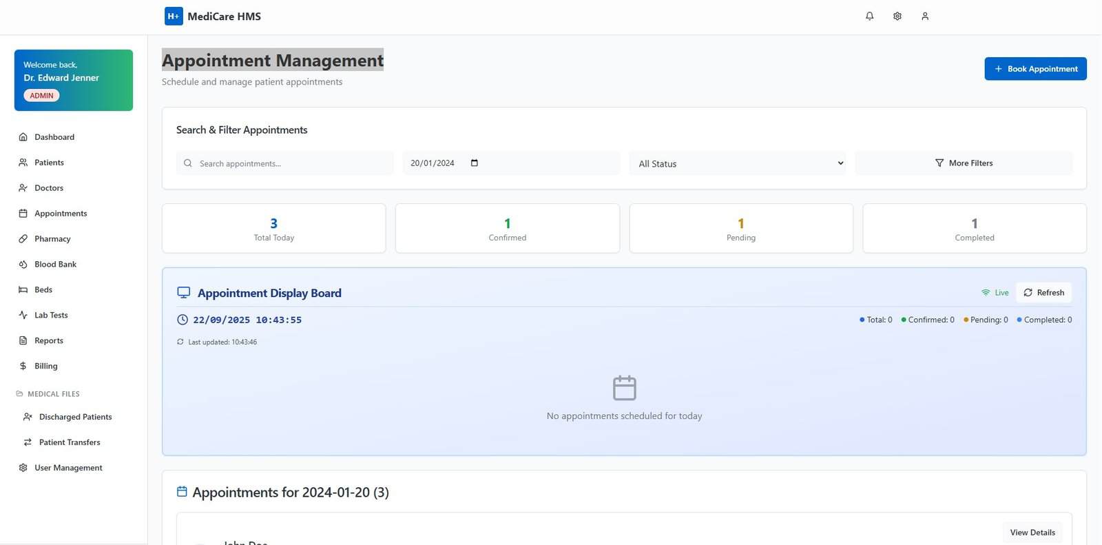 An appointment management dashboard, a key tool to reduce patient no-shows.