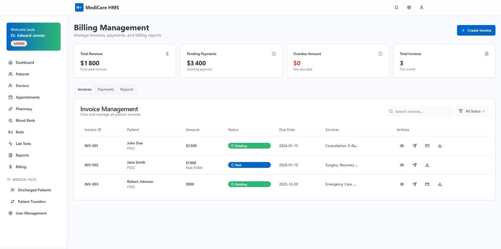 Billing module in patient administration system