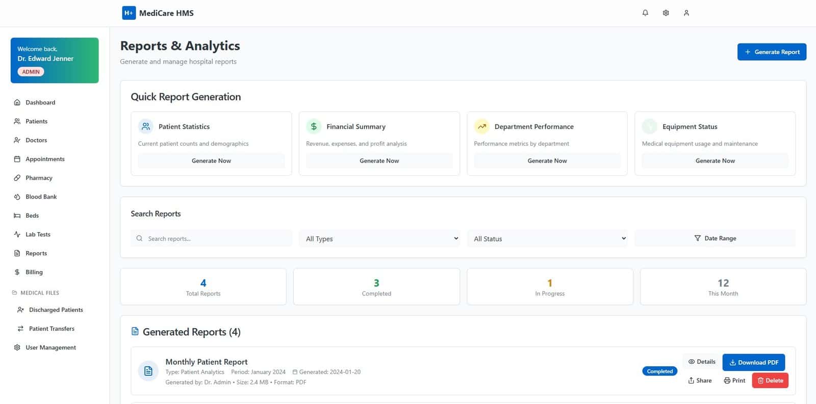 A dashboard showing reports and analytics for medical billing software and services.