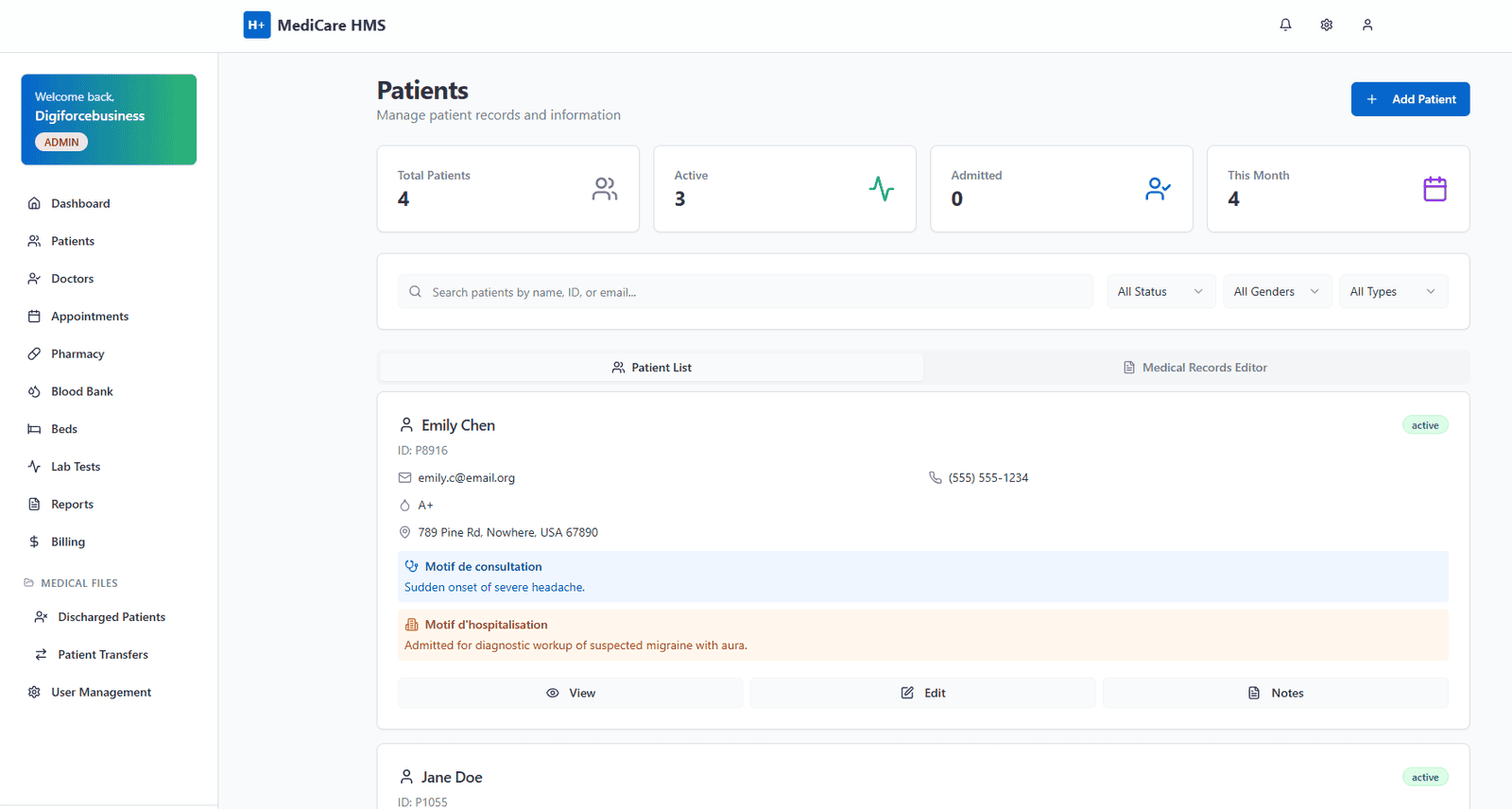 Screenshot of the MediCare HMS application dashboard